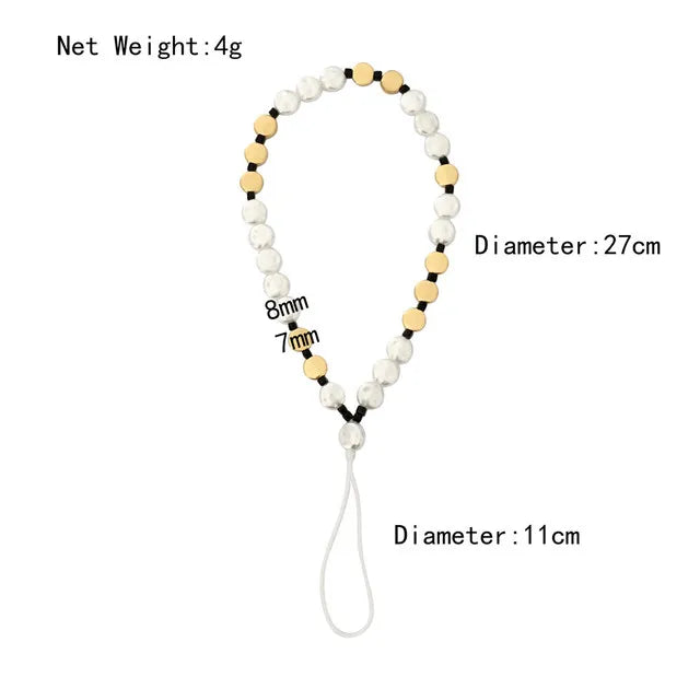 Beaded phone strap with measurements on a white background