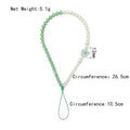 Pearl and turquoise beaded lanyard with measurements on a white background